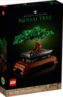 LEGO® Bonsai Tree kit featuring a detailed botanical tree design with green leaves and a wooden base. The packaging highlights the set's name and includes imagery of the assembled bonsai tree, emphasizing its intricate construction.