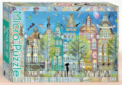 Colorful jigsaw puzzle box featuring a whimsical illustration of Belgian cityscape with charming buildings, trees, balloons, and various playful details, designed by Yazz Puzzles.