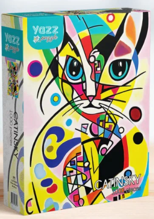 The MICRO CATINSKI jigsaw puzzle by Yazz Puzzles features a vibrant and colorful design of a stylized cat with bright geometric patterns. The puzzle consists of 1000 pieces and comes in a sturdy, illustrated box showcasing the artwork.