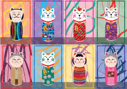 A vibrant jigsaw puzzle featuring colorful Kokeshi dolls in various designs, set against bright abstract backgrounds. Each Kokeshi has distinct patterns and expressions, showcasing traditional Japanese craftsmanship and artistry, perfect for puzzle enthusiasts and collectors.