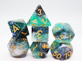 A vibrant set of RPG dice featuring various shapes including a tetrahedron, octahedron, and dodecahedron. Each die showcases a swirling mix of green and black colors with golden numbering, reflecting light beautifully. The arrangement highlights their unique design suitable for tabletop gaming enthusiasts.