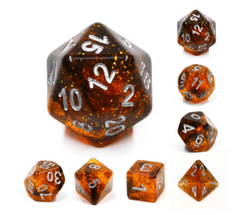 A vivid Campfire RPG Dice Set by Foam Brain featuring a variety of multi-sided dice in amber tones with sparkling glitter and white numbering, ideal for tabletop role-playing games. The set includes a d20, d12, d10, four d6s, and d4, showcasing a captivating design perfect for game enthusiasts.