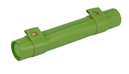A vibrant green roll-up leatherette dice mat featuring secure snap buttons, designed for tabletop gaming. Ideal for storing and rolling dice, it adds a stylish touch to your game setup.