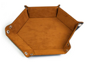 A hexagonal tray made of camel-colored leatherette and soft velvet material, featuring metal snaps at each corner for easy folding and storage. Ideal for organizing game pieces or accessories.