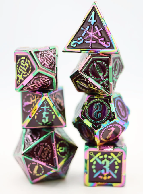 A vibrant metal RPG dice set by Foam Brain, featuring various intricately designed polyhedral dice with holographic finishes. The set includes d4, d6, d8, d10, d12, and d20 dice, showcasing unique symbols and numbers, perfect for tabletop gaming enthusiasts.