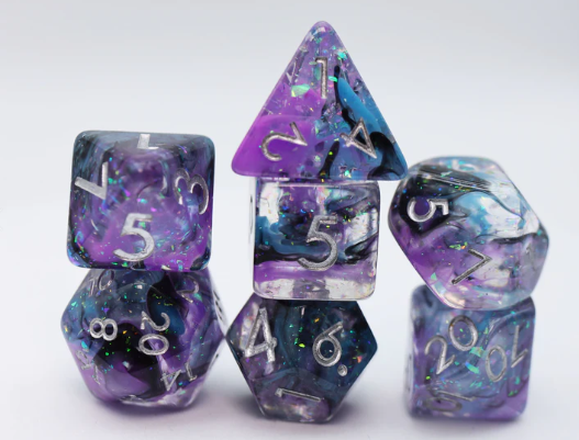 Eventide RPG Dice Set by Foam Brain featuring a variety of colorful, multi-faceted dice in shades of purple and blue with sparkling accents. The set includes a d4, d6, d8, d10, d12, and d20, all displaying clear, white numbers for easy reading, making it perfect for tabletop gaming.