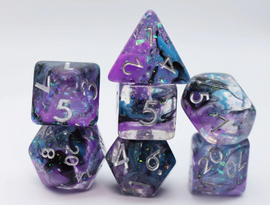 Eventide RPG Dice Set by Foam Brain featuring a variety of colorful, multi-faceted dice in shades of purple and blue with sparkling accents. The set includes a d4, d6, d8, d10, d12, and d20, all displaying clear, white numbers for easy reading, making it perfect for tabletop gaming.