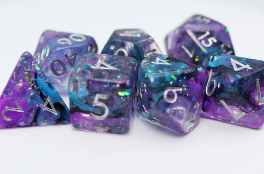 A vibrant set of eight RPG dice in various shapes, featuring a blend of purple and blue colors with glittering sparkles. Each die has clear, legible numbers, perfect for tabletop gaming.