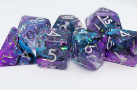 A vibrant set of eight RPG dice in various shapes, featuring a blend of purple and blue colors with glittering sparkles. Each die has clear, legible numbers, perfect for tabletop gaming.