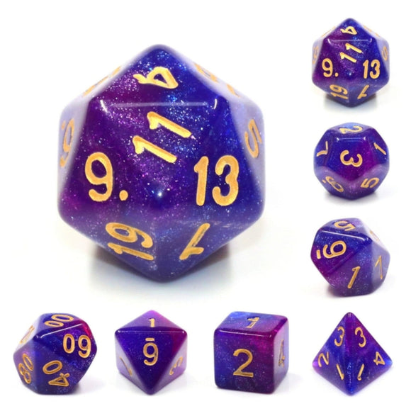 Thousand Stars RPG Dice Set by Foam Brain, featuring a vibrant purple and blue color scheme with gold numbers. The set includes various dice shapes such as a d20, d12, d10, d8, d6, and d4, each showcasing shimmering stars, perfect for RPG gaming.