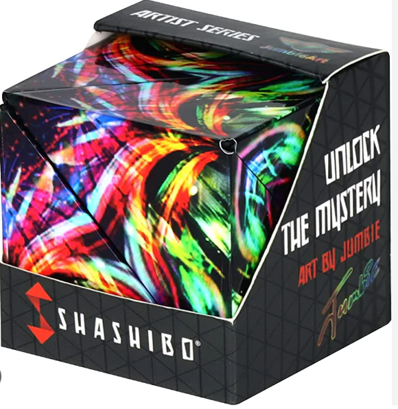 Shashibo Cosmic Surfer, a colorful mechanical puzzle box featuring stunning abstract art by Jumble. The packaging showcases a vibrant design with swirls of colors, especially in shades of red, blue, and green, intended for creative play.