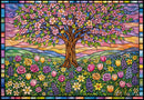 Colorful stained glass-style artwork of a tree with flowers and butterflies (image depicted on puzzle)