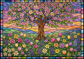 Colorful stained glass-style artwork of a tree with flowers and butterflies (image depicted on puzzle)