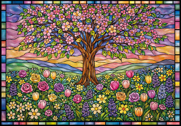 Colorful stained glass-style artwork of a tree with flowers and butterflies (image depicted on puzzle)