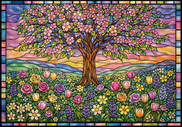 Colorful stained glass-style artwork of a tree with flowers and butterflies (image depicted on puzzle)