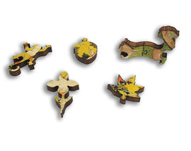 Uniquely shaped puzzle pieces on a white background