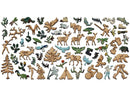 Wooden puzzle pieces shaped like animals, plants, and camping gear