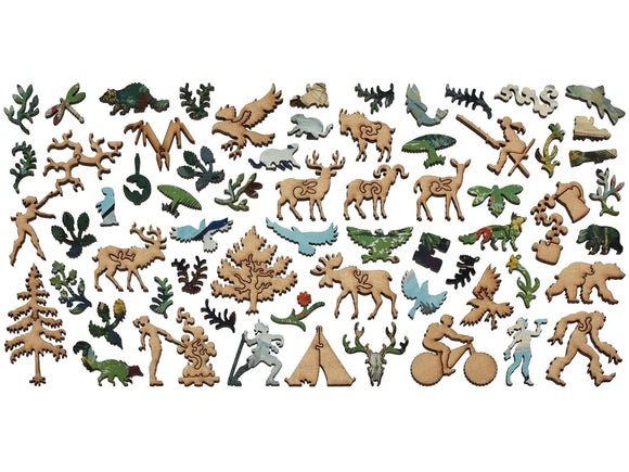 Wooden puzzle pieces shaped like animals, plants, and camping gear