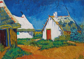 Painting of rural landscape with houses and blue sky by Van Gogh