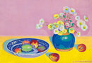 Still life with a vase of flowers and apples on a pink and yellow background