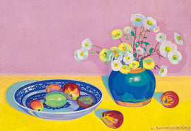 Still life with a vase of flowers and apples on a pink and yellow background