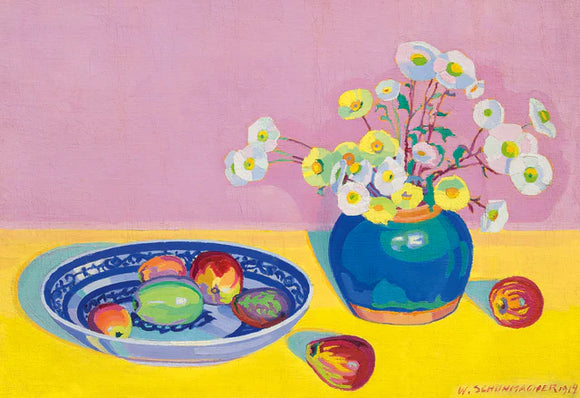Still life with a vase of flowers and apples on a pink and yellow background
