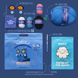 Woobles Crochet kit with yarn, hooks, and packaging