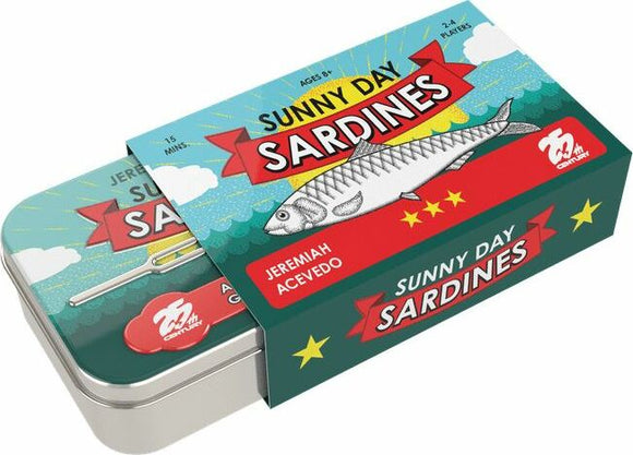 Sunny Day Sardines game by 25th Century Games features a colorful, illustrated tin packaging with a sardine graphic, designed for ages 8 and up, playable in about 15 minutes.