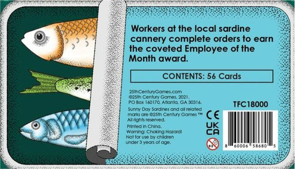 The back of the Sunny Day Sardines game box by 25th Century Games, featuring colorful illustrations of sardines and text describing the content of the game, which includes 56 cards. It mentions the game theme about workers at a sardine cannery and highlights the goal of becoming Employee of the Month.