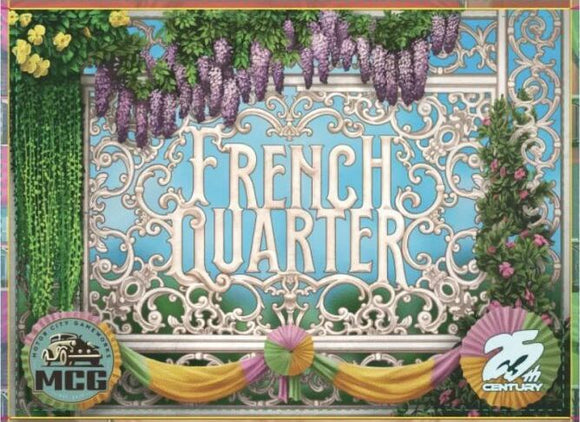 French Quarter game box featuring ornate designs and colorful floral elements. The title 'French Quarter' is prominently displayed in the center with decorative accents, surrounded by vibrant greenery and flowers, evoking the spirit of New Orleans.