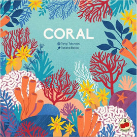 The game 'Coral' by 2TOMATOES GAMES features a vibrant, colorful cover with various coral designs and marine life illustrations. It showcases a mix of bluish and orange corals, adorned with yellow flowers against a turquoise background, presenting a playful and inviting marine theme.