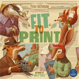 Fit to Print board game by Alderac Entertainment Group featuring whimsical animal characters including a badger with glasses, a fox wearing a hat and holding a camera, a rabbit with a red bandana, and a squirrel enthusiastically interacting. The game artwork, created by Ian O'Toole, presents a vibrant newspaper backdrop with cheerful illustrations and engaging details, perfect for family fun.