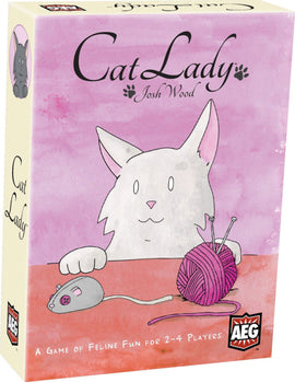 Cat Lady game box featuring a playful cartoon cat with a mouse and a ball of yarn. The background is pink, and the title 'Cat Lady' is prominently displayed at the front. Designed for 2-4 players, this game offers fun for cat enthusiasts.