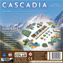 Cascadia game packaging featuring a layout of game components including wooden wildlife tokens, habitat tiles, nature tokens, and scoring cards. The vibrant artwork illustrates a scenic Pacific Northwest landscape, emphasizing the game's nature theme and spatial puzzle mechanics. Designed for family fun, the game encourages strategic play as players create ecosystems.