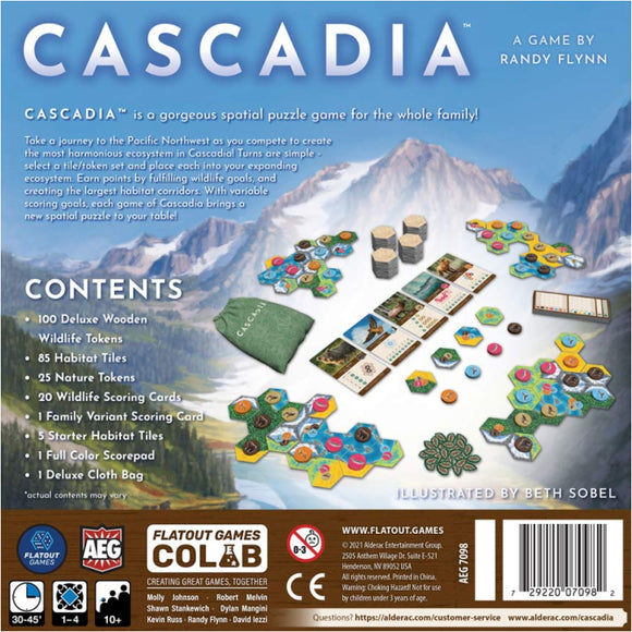 Cascadia game packaging featuring a layout of game components including wooden wildlife tokens, habitat tiles, nature tokens, and scoring cards. The vibrant artwork illustrates a scenic Pacific Northwest landscape, emphasizing the game's nature theme and spatial puzzle mechanics. Designed for family fun, the game encourages strategic play as players create ecosystems.