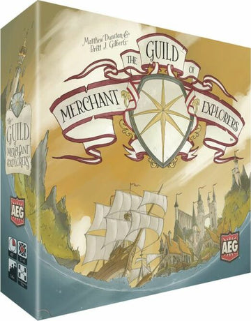 The Guild of Merchant Explorers board game box featuring a colorful illustration of a ship, a coastline, and a compass. The game's title is prominently displayed on a ribbon banner, with a shield emblem that symbolizes exploration. Designed by Matthew Dunstan and Brett J. Gilbert, this game invites players to embark on adventurous trading quests.