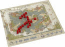 The Guild of Merchant Explorer game board featuring a detailed map of Avenia with hexagonal spaces, colorful red explorer pieces, and player progress indicators along the bottom. Ideal for strategic gameplay and exploration.