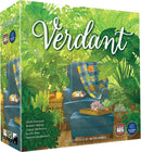 The game Verdant by Alderac Entertainment Group featuring a vibrant box design filled with lush green plants, a cozy blue chair, and a sleeping cat. The artwork is illustrated by Beth Sobel, showcasing a serene, botanical home environment inviting players to cultivate a unique indoor garden experience.