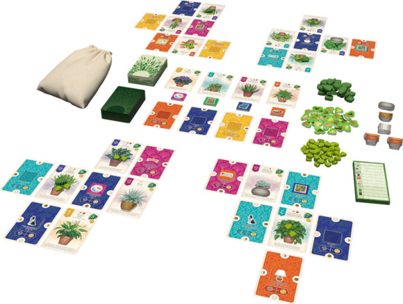 A vibrant tabletop game layout featuring a variety of colorful cards representing plants and pots, arranged in a grid pattern. There are game pieces including small green plants, pots, and a score sheet. A small beige drawstring bag is placed on the side, adding to the game's aesthetic appeal. The components are well-organized and visually engaging, emphasizing the game's botanical theme.