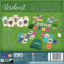Verdant game by Alderac Entertainment Group lays out in an organized manner. The image features a collection of colorful plant cards, wooden tokens, and game boards showcasing various plants and furniture arrangements. The game includes details like plant care and strategy, appealing to both casual and dedicated gamers. A vibrant green bag with the Verdant logo is also visible, enhancing the aesthetic appeal of the game's presentation.
