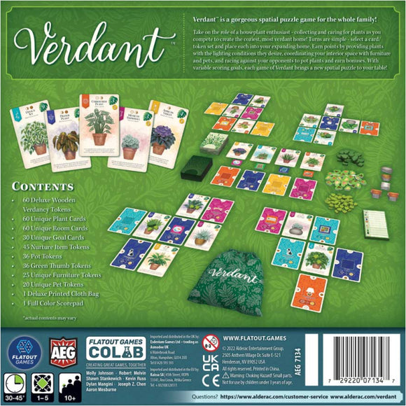 Verdant game by Alderac Entertainment Group lays out in an organized manner. The image features a collection of colorful plant cards, wooden tokens, and game boards showcasing various plants and furniture arrangements. The game includes details like plant care and strategy, appealing to both casual and dedicated gamers. A vibrant green bag with the Verdant logo is also visible, enhancing the aesthetic appeal of the game's presentation.