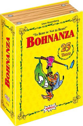 Bohnanza: 25th Anniversary Edition game by Amigo. The vibrant yellow box features a cartoon green bean character holding a hoe, with the game's title and the text '25 Years' prominently displayed. Ideal for family game nights, this edition celebrates a classic bean-planting strategy experience.