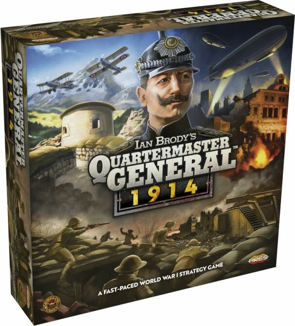 The box cover of Quartermaster General: 1914 game by Ares Games features a dramatic World War I scene with soldiers, airplanes, and a commanding officer. The artwork showcases a battlefield with strategic elements, highlighting the game's focus on military strategy during the Great War.