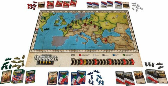 Quartermaster General: 1914 board game by Ares Games featuring a detailed map of Europe. Includes game pieces in various colors, cards representing different nations, and a score tracker along the bottom. The game emphasizes strategy and historical elements from World War I.