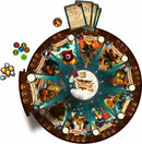 A round board game titled 'Orconomics' by ARES GAMES. The board features colorful illustrations of characters and locations, with a central logo and various cards and tokens scattered around. Players can roll dice and navigate through different spaces, encountering challenges and opportunities within the game.