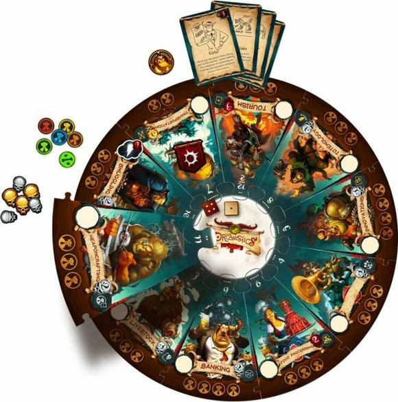 A round board game titled 'Orconomics' by ARES GAMES. The board features colorful illustrations of characters and locations, with a central logo and various cards and tokens scattered around. Players can roll dice and navigate through different spaces, encountering challenges and opportunities within the game.