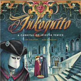 Inkognito board game by Ares Games, featuring a colorful cover illustration depicting a Carnival of Spies in Venice. The artwork shows masked figures in a mysterious setting, inviting players into a world of intrigue and deduction.