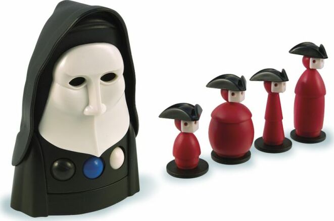 The Inkognito game by Ares Games features a distinct black and white masked figure alongside four colorful wooden pieces. The larger figure has a white face with black eyes and a hood, while the red pieces represent characters, each with unique hats and an engaging design. This imaginative game invites players to unravel secrets and engage in strategic play.