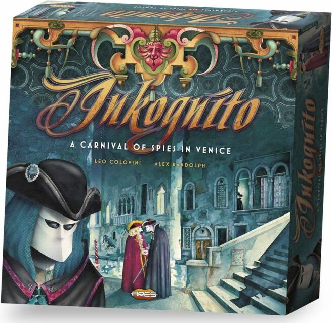 Inkognito board game by Ares Games, featuring an artistic illustration depicting a carnival scene in Venice. The cover showcases masked characters in elegant attire, emphasizing a theme of mystery and espionage. The title is prominently displayed in stylized font, inviting players to immerse themselves in the world of intrigue during the carnival.