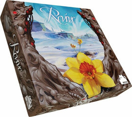 Revive game box by SURFIN' MEEPLE featuring stunning artwork of a snowy landscape framed by dark, mystical trees and a vibrant yellow flower in the center. The title 'Revive' is elegantly scripted at the top.